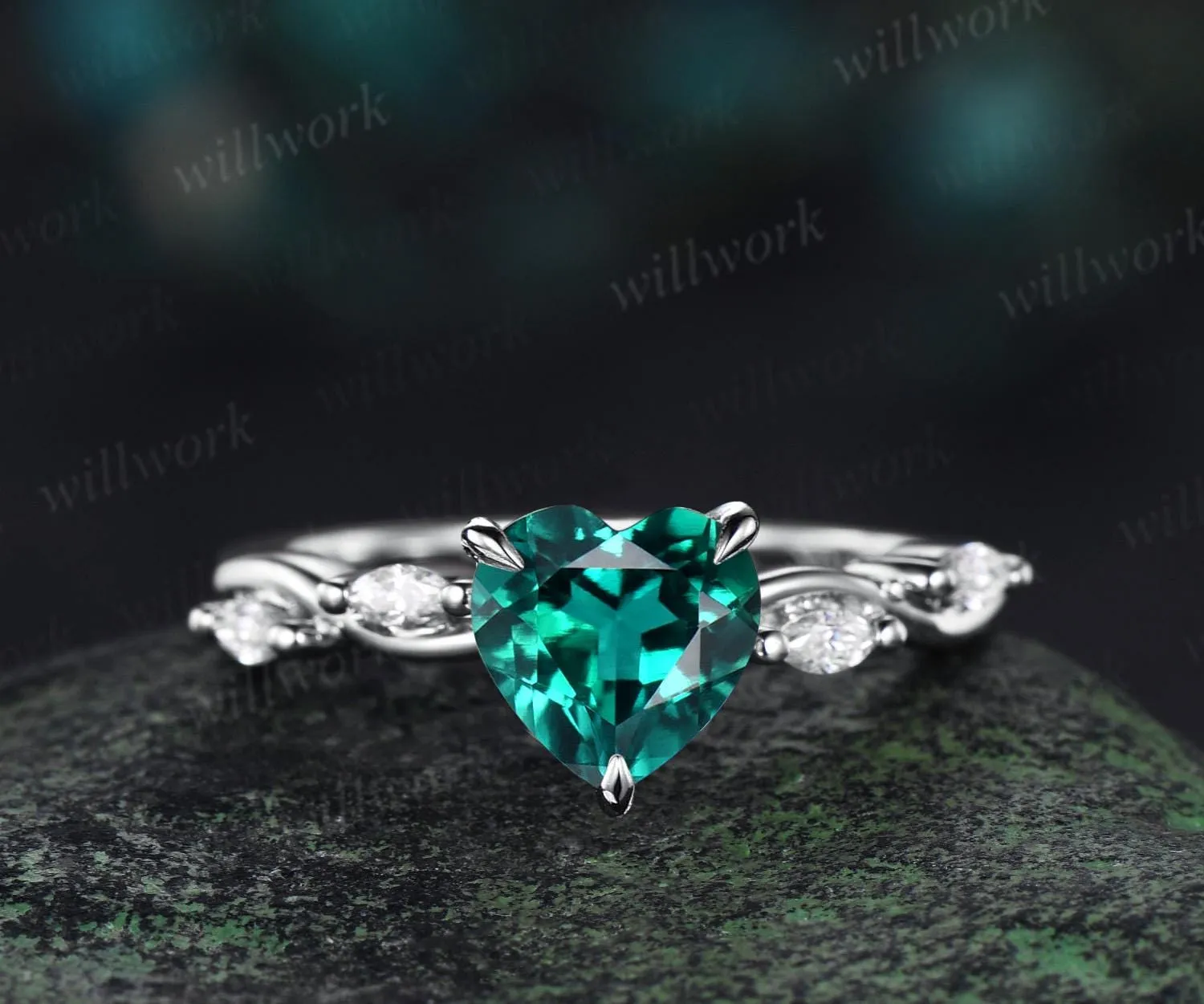 Heart cut emerald ring yellow gold twisted diamond ring vintage five stone unique engagement ring promise wedding ring women dainty gift sold by Willwork Jewelry product image thumbnail 4