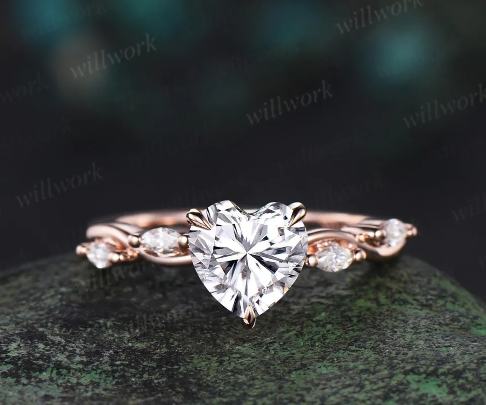 Heart cut moissanite engagement ring antique twisted diamond ring women solid 14k rose gold unique promise bridal ring jewelry sold by Willwork Jewelry