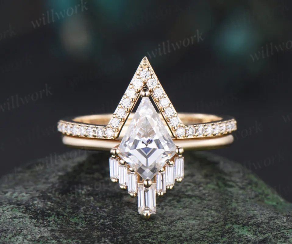 Kite Cut moissanite Engagement Ring set unique promise ring her 14k yellow gold Baguette cut V shaped bridal set women sold by Willwork Jewelry