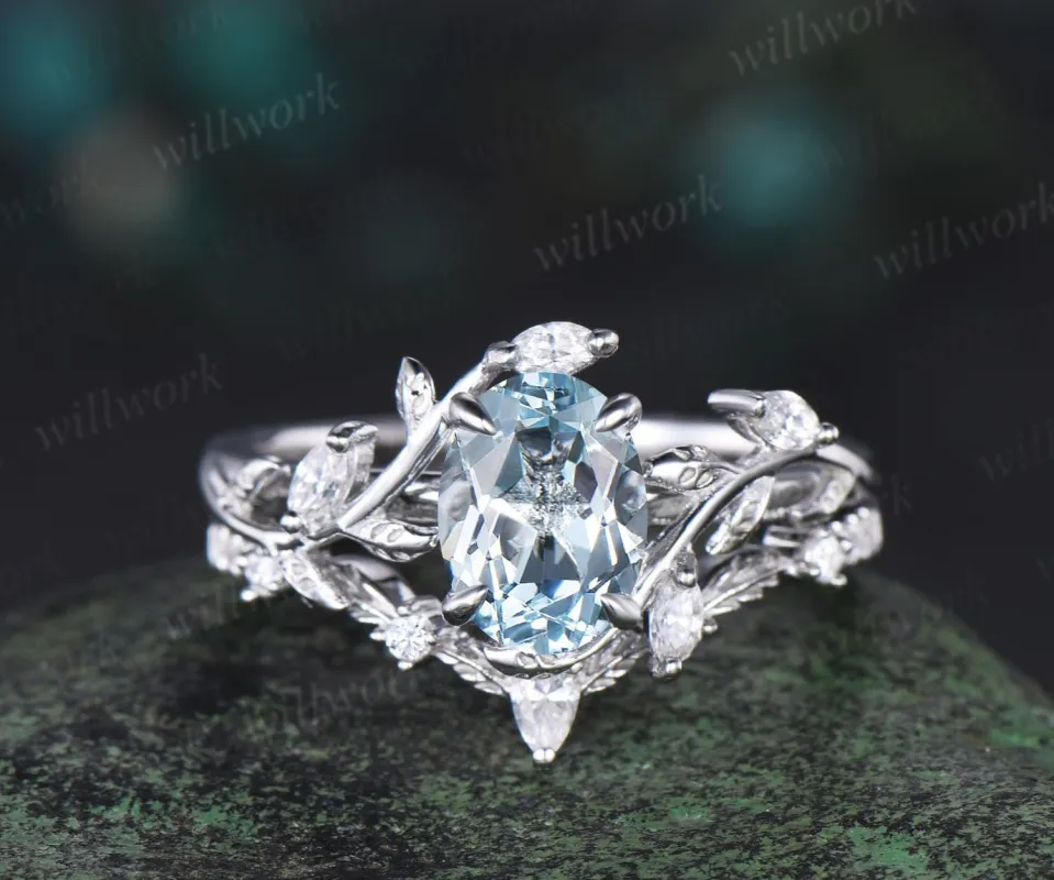 Vintage oval cut aquamarine engagement ring 14k white gold leaf nature inspired ring women unique cluster diamond bridal promise ring set sold by Willwork Jewelry