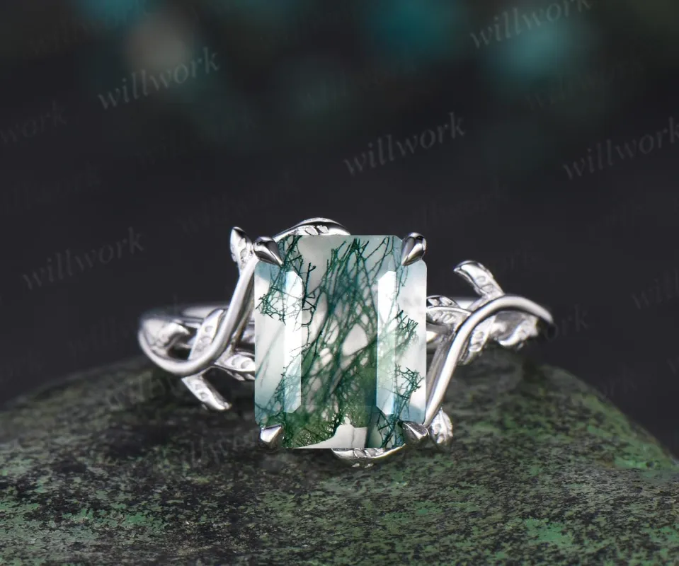Big emerald cut moss agate engagement ring solid 14k white gold leaf nature inspired retro wedding promsie ring women sold by Willwork Jewelry