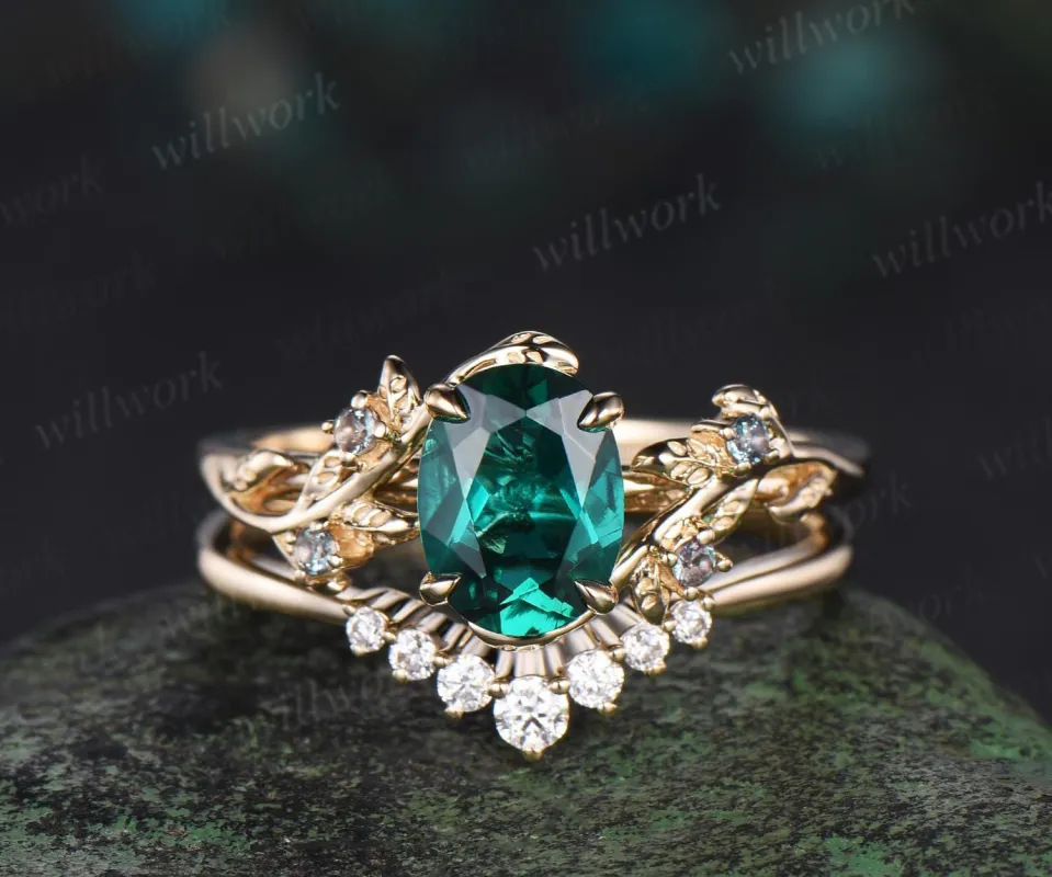 Oval cut green emerald engagement ring set leaf alexandrite ring 14k yellow gold moissanite promise ring her unique bridal set women sold by Willwork Jewelry
