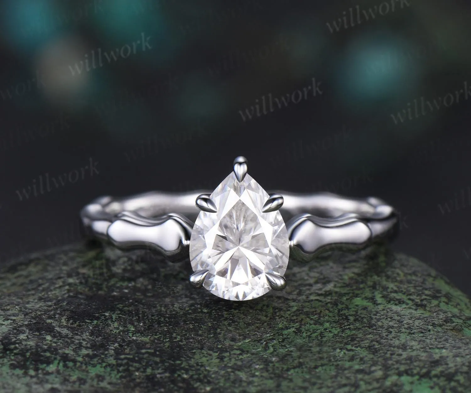 Pear shaped moissanite engagement ring 14k white gold vintage claw prong solitaire promise ring unique wedding ring women sold by Willwork Jewelry product image thumbnail 2