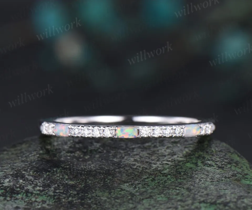 Baguette cut opal wedding ring vintage diamond wedding band solid 14k white gold dainty diamond ring for women bridal anniversary ring gift sold by Willwork Jewelry