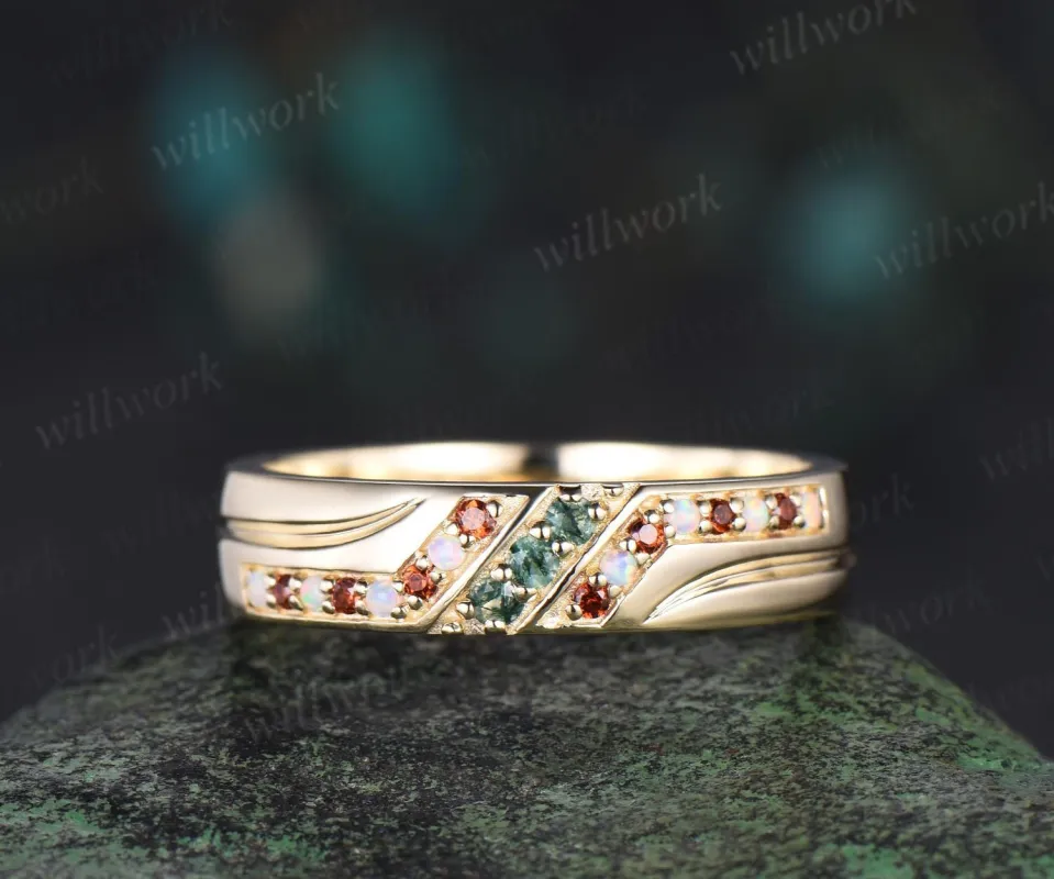 Unique Mens Moss Agate Wedding Band Round Cut Band 5mm Solid 14k Gold Ring Mens opal garnet Handsome Man Rings Matching Band Ring Gift sold by Willwork Jewelry