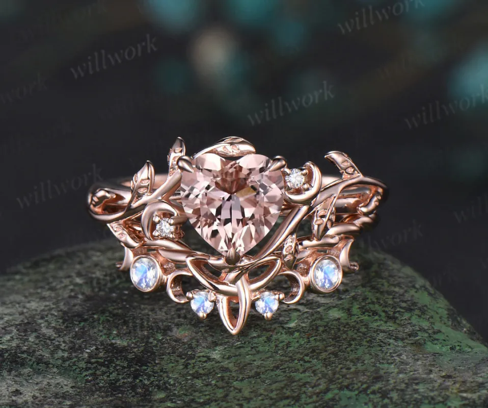 Vintage heart morganite engagement ring rose gold twig leaf Nature inspired moonstone diaomnd Celtic knot wedding ring set made by Willwork Jewelry