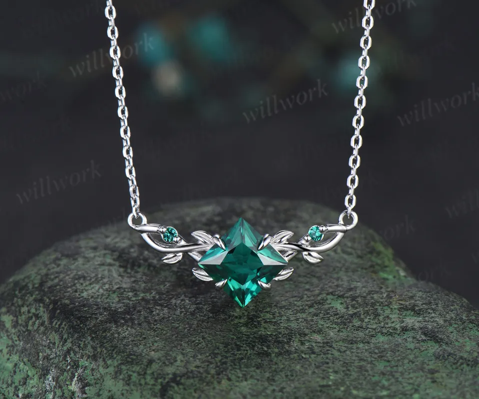 Princess cut emerald leaf necklace 14k white gold Nature Inspired infinity Pendant women three stone anniversary gift sold by Willwork Jewelry