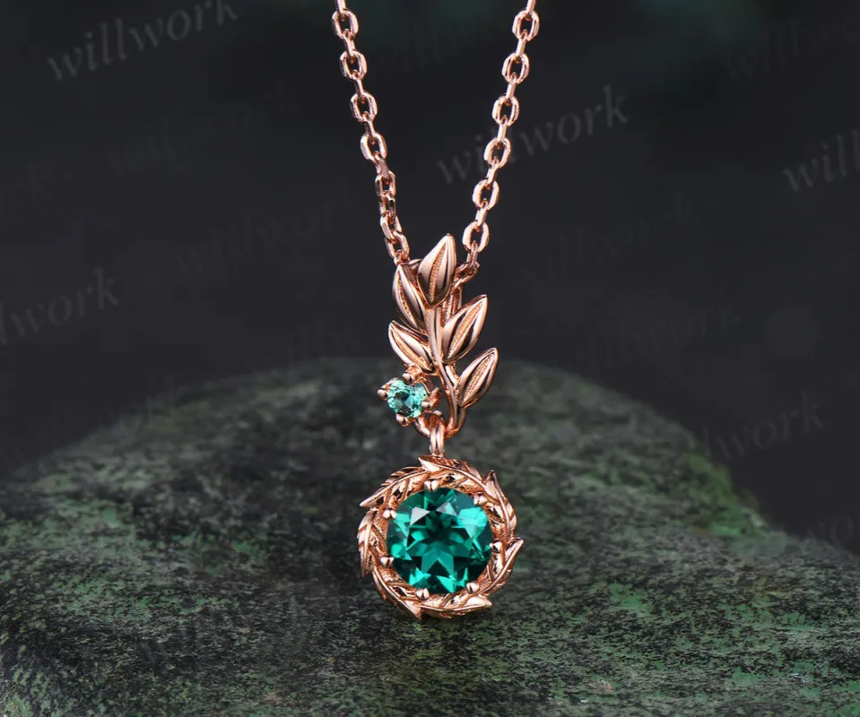 Rose Gold Leaf Necklace Nature Inspired Round Emerald Pendant Olive Leaf Branch Bridal Necklace May Birthstone Necklace Promise Gift for Her made by Willwork Jewelry