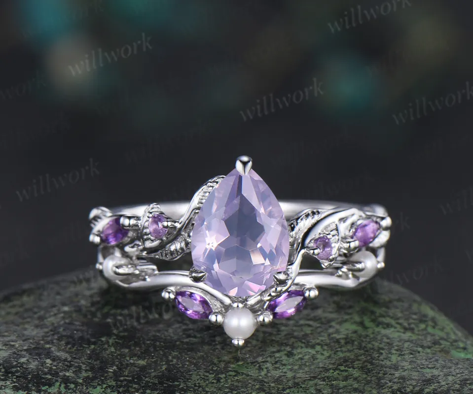Nature Inspired Pear Lavender Amethyst pearl Bridal Set 14k white gold Unique Twig Vine Teardrop Engagement Ring Ring Set women sold by Willwork Jewelry