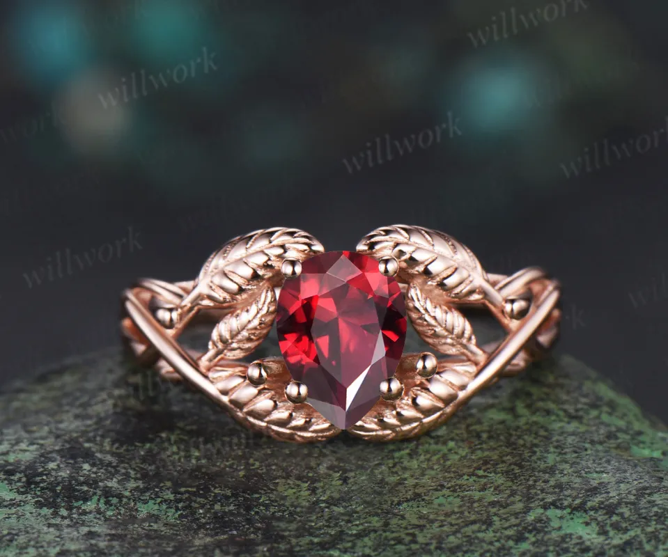 Pear shaped red ruby wedding ring rose gold branch leaf Solitaire infinity engagement ring women Teardrop anniversary gift sold by Willwork Jewelry