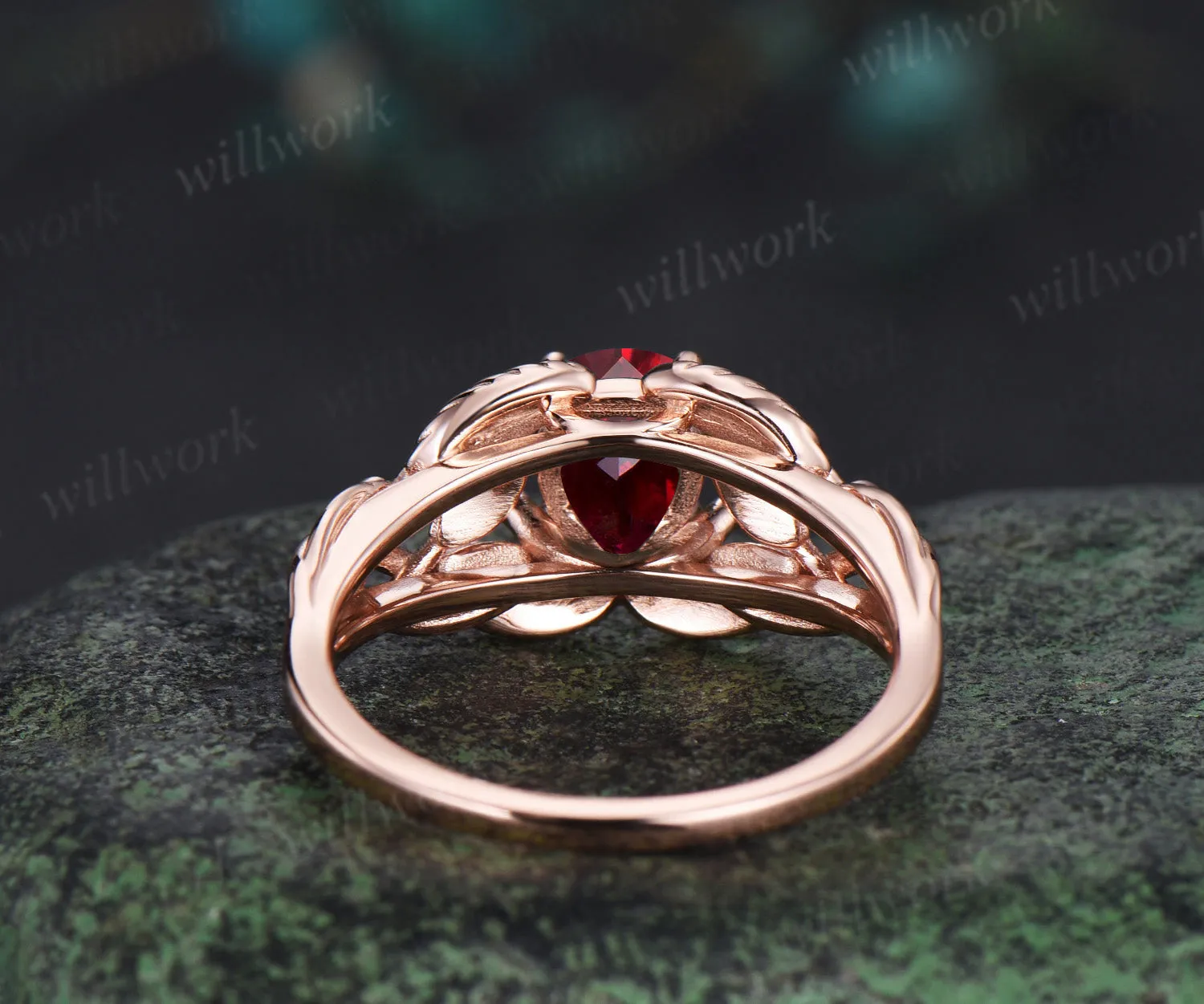 Pear shaped red ruby wedding ring rose gold branch leaf Solitaire infinity engagement ring women Teardrop anniversary gift sold by Willwork Jewelry product image thumbnail 5
