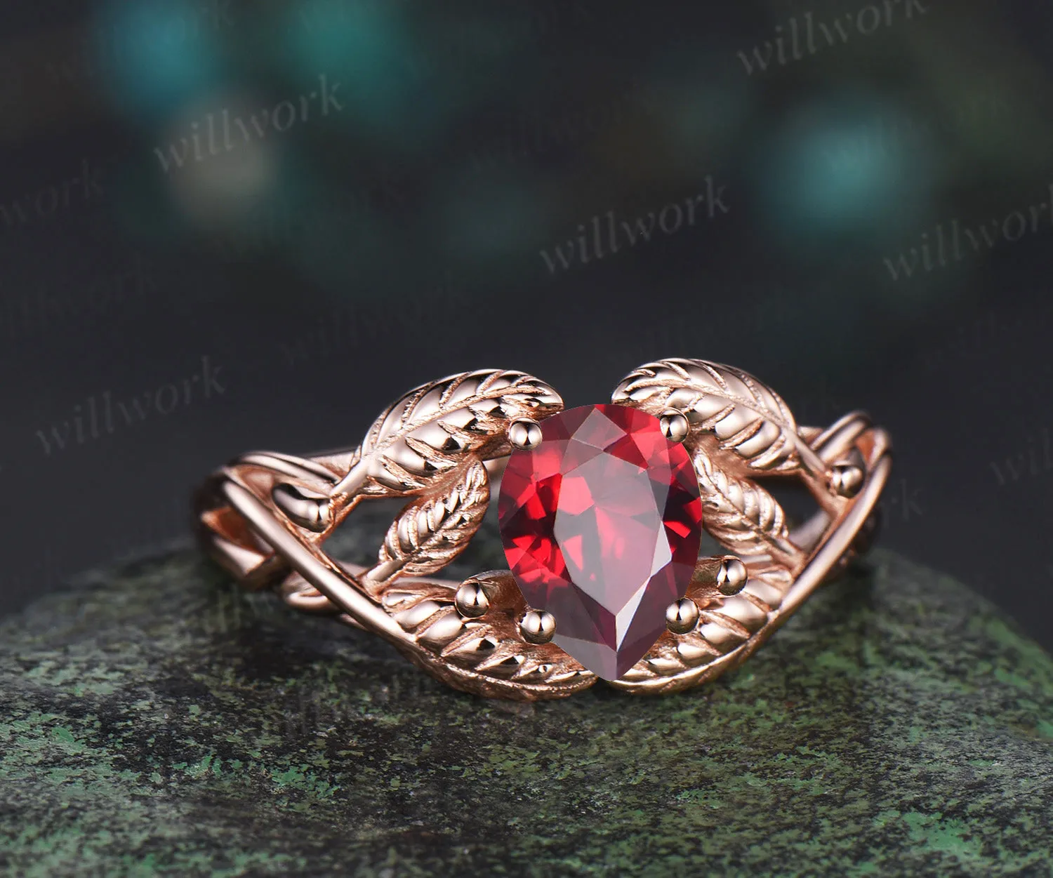 Pear shaped red ruby wedding ring rose gold branch leaf Solitaire infinity engagement ring women Teardrop anniversary gift sold by Willwork Jewelry product image thumbnail 2