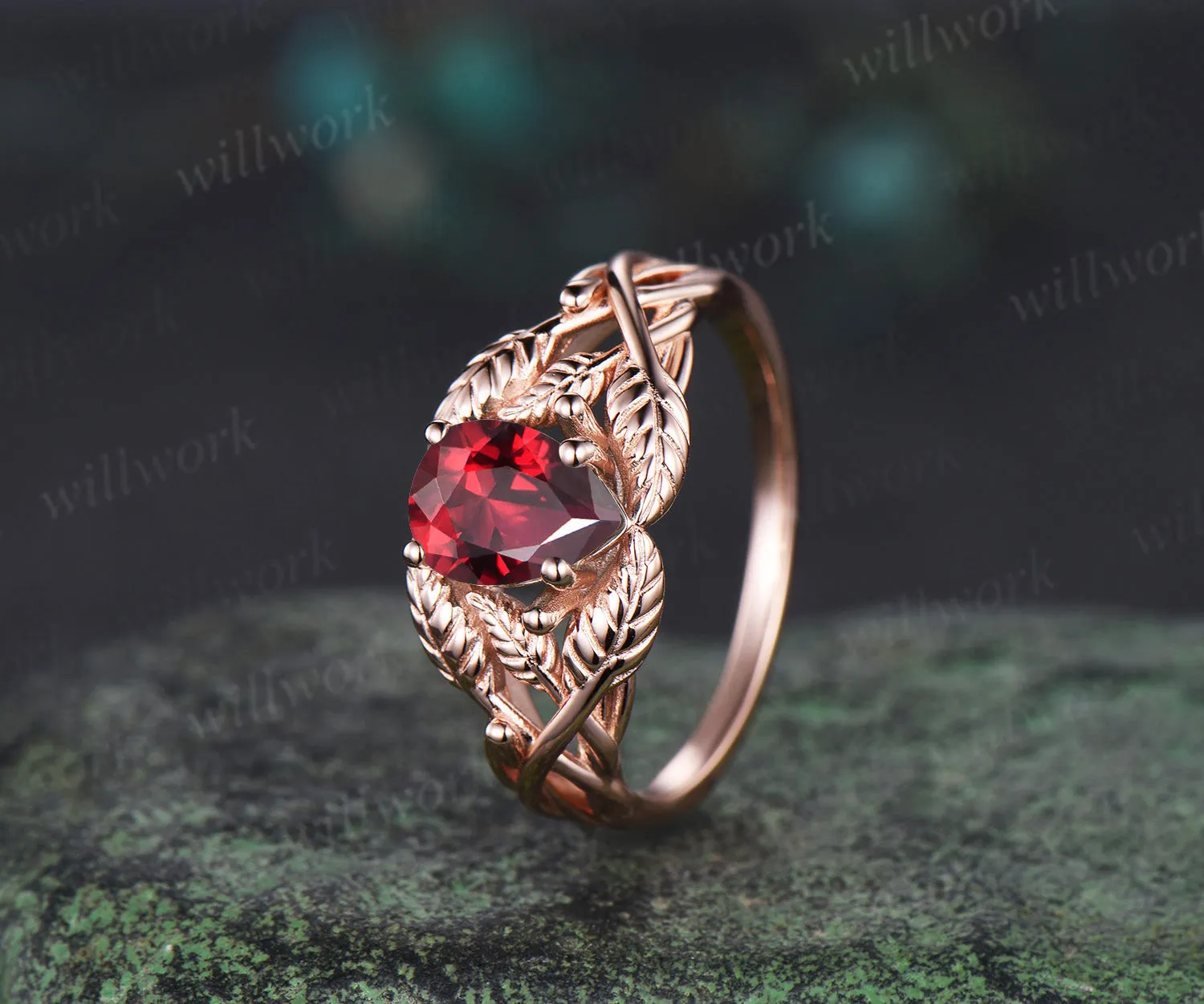 Pear shaped red ruby wedding ring rose gold branch leaf Solitaire infinity engagement ring women Teardrop anniversary gift sold by Willwork Jewelry product image thumbnail 4