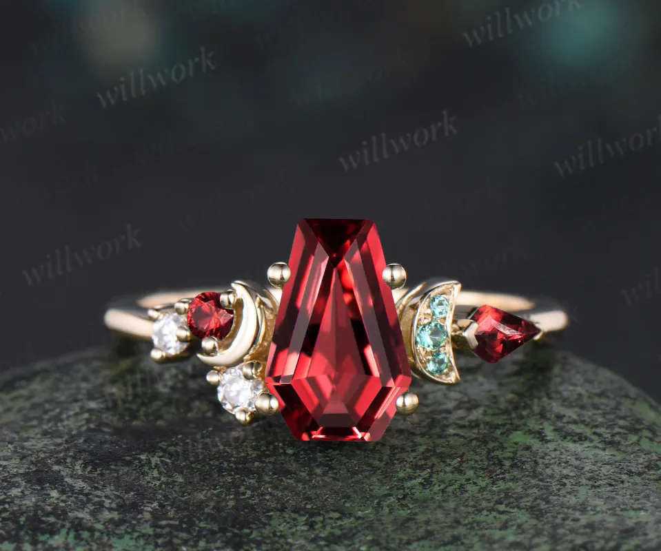 Kite Coffin red garnet engagement ring 14k yellow gold cluster moon emerald wedding crystal ring anniversary gift made by Willwork Jewelry