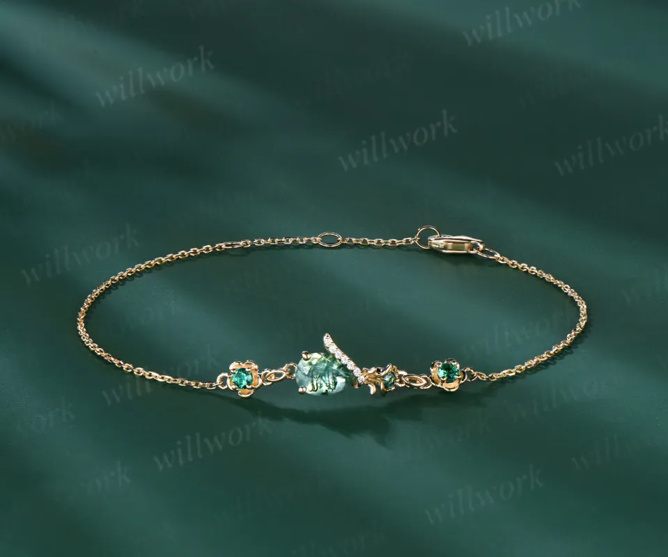 14K yellow Gold Flower Bracelet Pear Natural Moss Agate Emerald Chain Bracelet Dainty Genuine Green Gemstone Charm Wedding Bracelet for Bridal sold by Willwork Jewelry