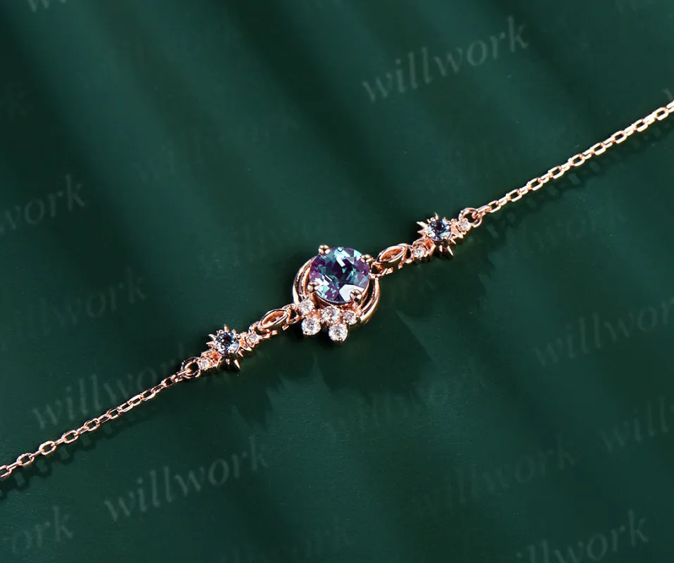 Moon Sun Bracelet 5mm Round Cut Color-Change Alexandrite Charm Bracelets No Fading Adjustable Chain Wrist Bracelet for Women rose gold sold by Willwork Jewelry
