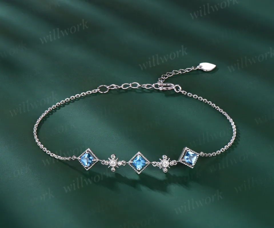 Milgrain Princess Cut Swiss blue topaz Bracelet Vintage 14k white Gold Five Stone Bracelet December Birthstone Bridal Bracelet sold by Willwork Jewelry