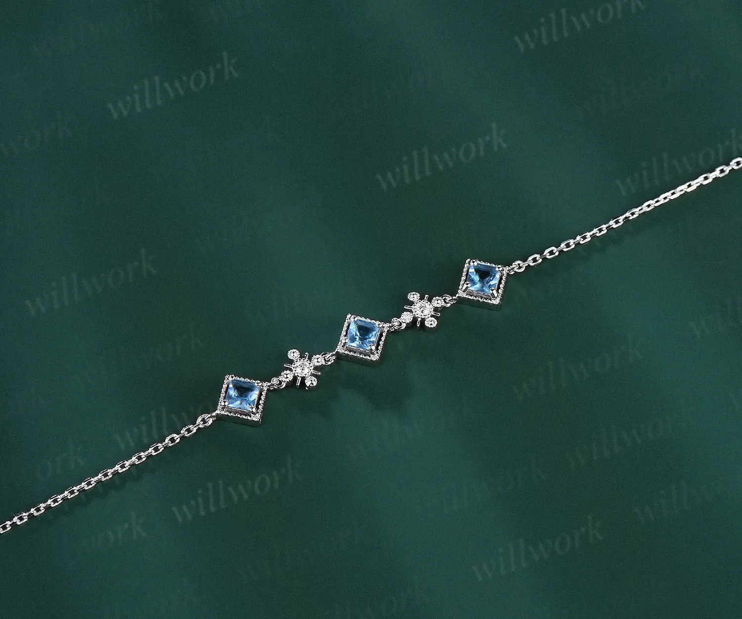 Milgrain Princess Cut Swiss blue topaz Bracelet Vintage 14k white Gold Five Stone Bracelet December Birthstone Bridal Bracelet sold by Willwork Jewelry product image thumbnail 2