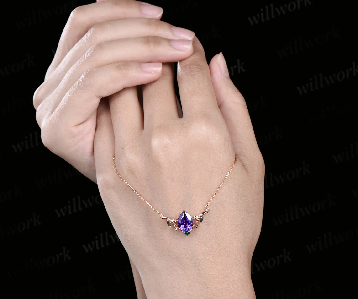 Pear shaped purple sapphire necklace solid 14k rose gold four stone moss agate emerald nature inspired leaf necklace anniversary gift women sold by Willwork Jewelry product image thumbnail 2