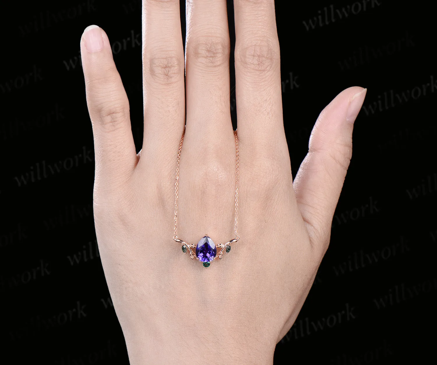 Pear shaped purple sapphire necklace solid 14k rose gold four stone moss agate emerald nature inspired leaf necklace anniversary gift women sold by Willwork Jewelry product image thumbnail 5