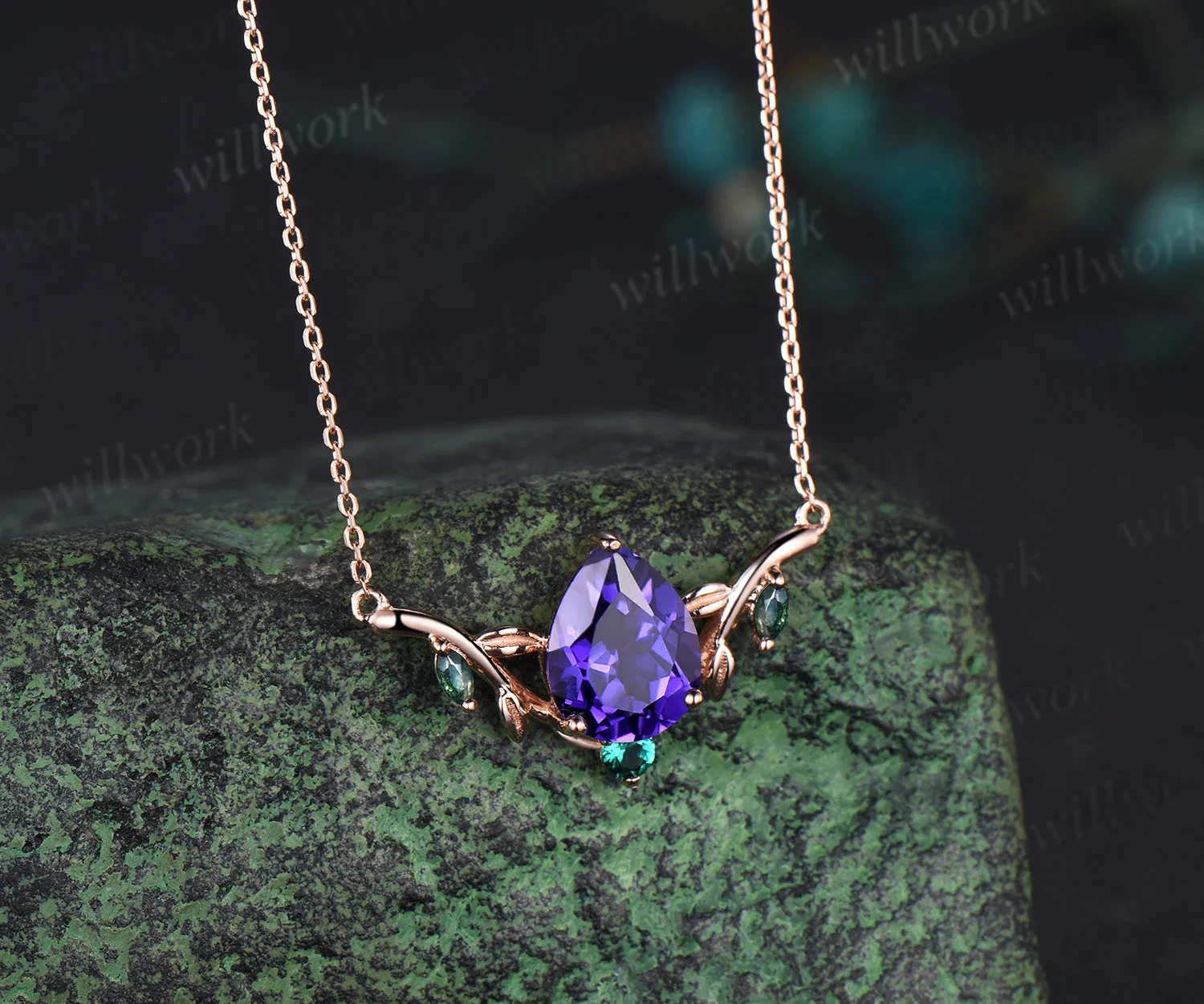 Pear shaped purple sapphire necklace solid 14k rose gold four stone moss agate emerald nature inspired leaf necklace anniversary gift women sold by Willwork Jewelry product image thumbnail 3