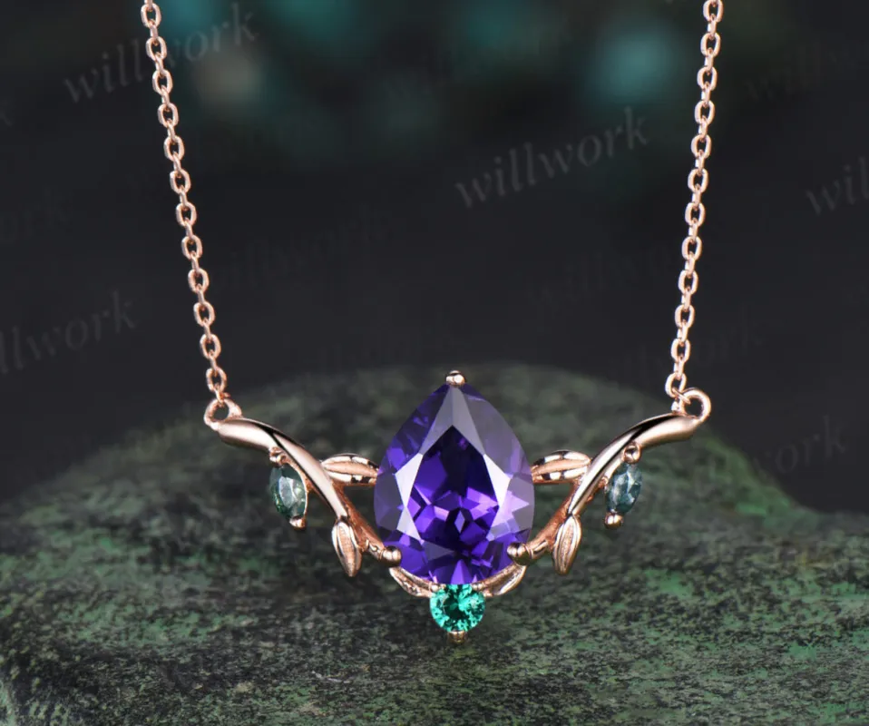 Pear shaped purple sapphire necklace solid 14k rose gold four stone moss agate emerald nature inspired leaf necklace anniversary gift women sold by Willwork Jewelry