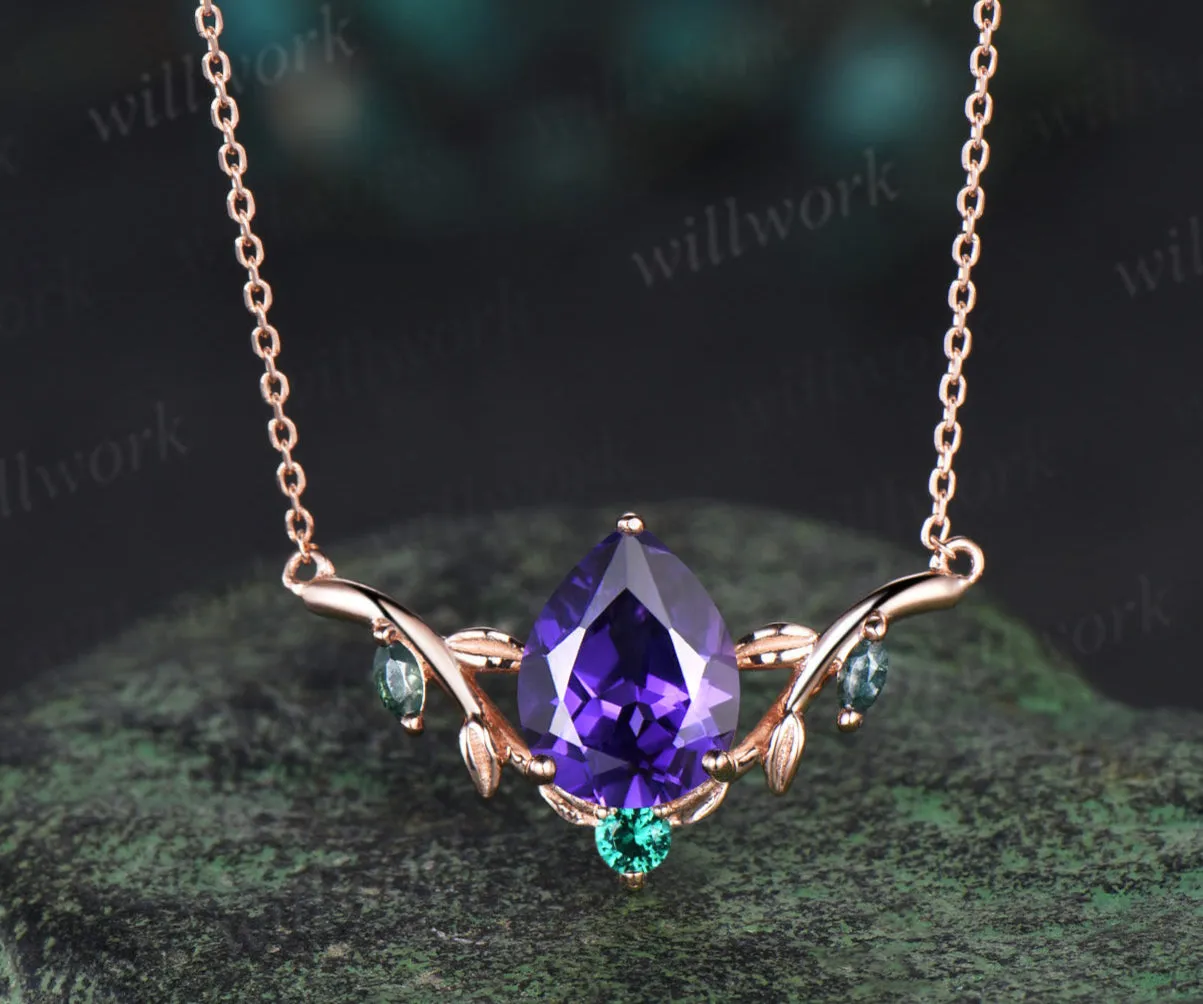 Pear shaped purple sapphire necklace solid 14k rose gold four stone moss agate emerald nature inspired leaf necklace anniversary gift women sold by Willwork Jewelry