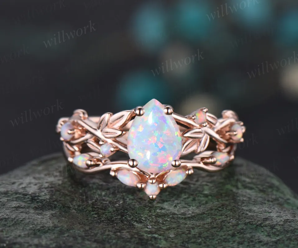 READY TO SHIP: 2PC Pear Opal Engagement Ring Set - 10k Rose Gold - Ring Size: 13 US sold by Willwork Jewelry