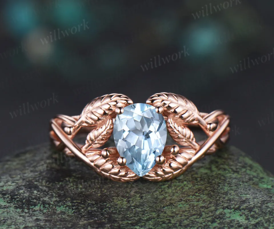 Pear cut aquamarine wedding ring rose gold branch leaf Solitaire infinity engagement ring women Teardrop anniversary gift sold by Willwork Jewelry