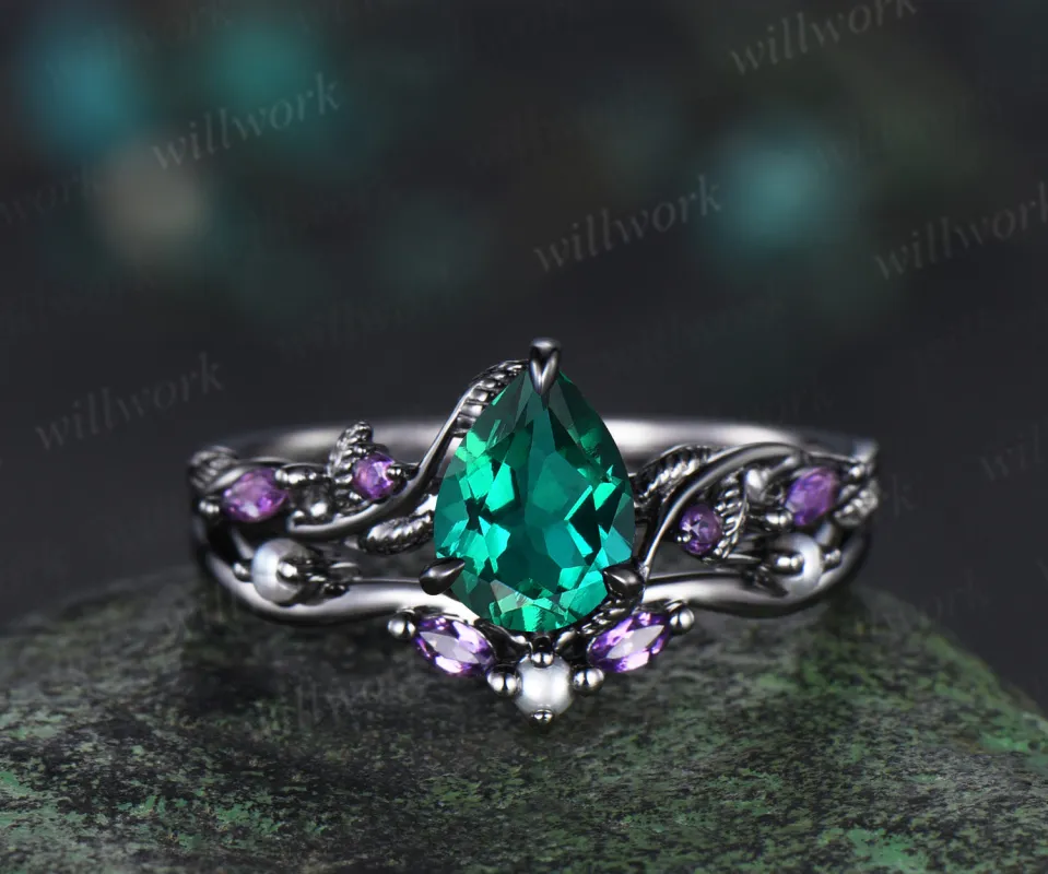 Nature Inspired Pear green emerald pearl Bridal Set 14k black gold Unique Twig Vine Teardrop Engagement Ring Ring Set women sold by Willwork Jewelry
