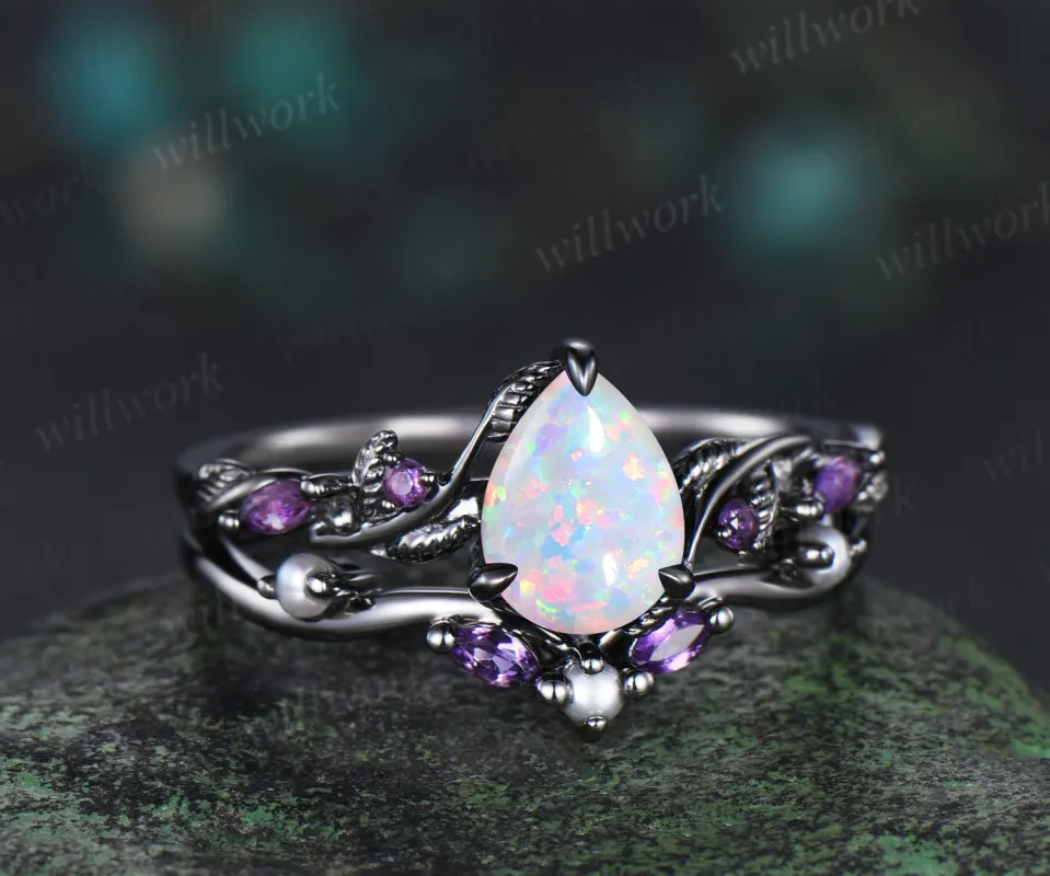 Nature Inspired Pear white opal pearl Bridal Set 14k black gold Unique Twig Vine Teardrop Engagement Ring Ring Set women sold by Willwork Jewelry