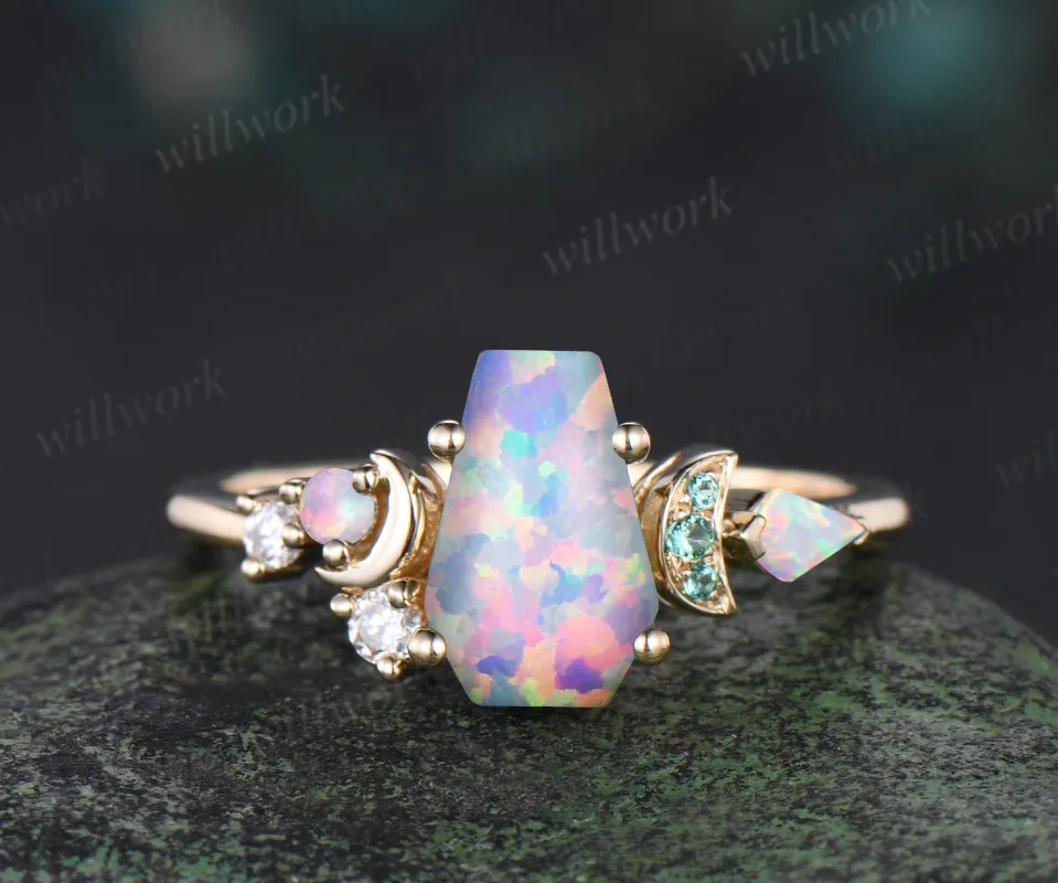 Kite Coffin white opal engagement ring 14k yellow gold cluster moon emerald wedding anniversary gift sold by Willwork Jewelry