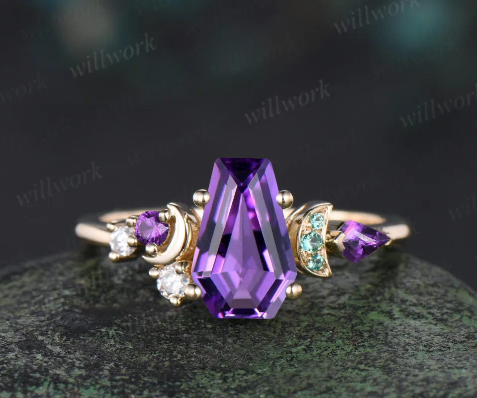 Kite Coffin purple amethyst engagement ring 14k yellow gold cluster moon emerald wedding crystal ring anniversary gift sold by Willwork Jewelry