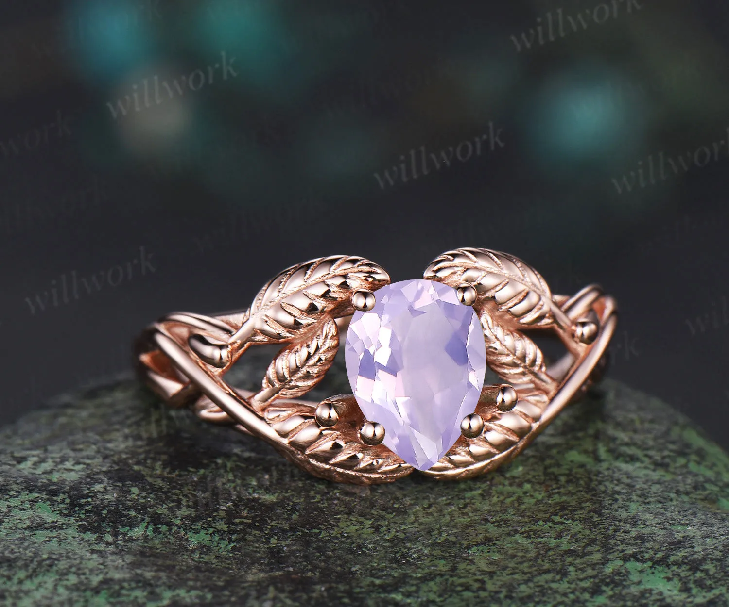 Pear cut Lavender Amethyst wedding ring rose gold branch leaf Solitaire infinity engagement ring women Teardrop anniversary gift sold by Willwork Jewelry product image thumbnail 2