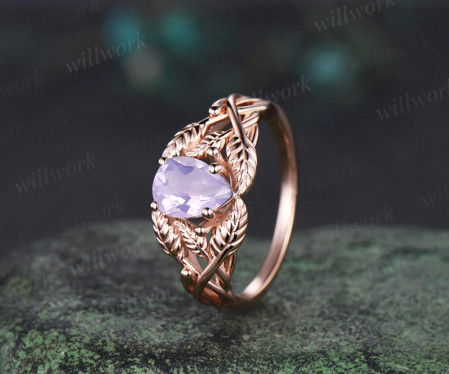 Pear cut Lavender Amethyst wedding ring rose gold branch leaf Solitaire infinity engagement ring women Teardrop anniversary gift sold by Willwork Jewelry product image thumbnail 4
