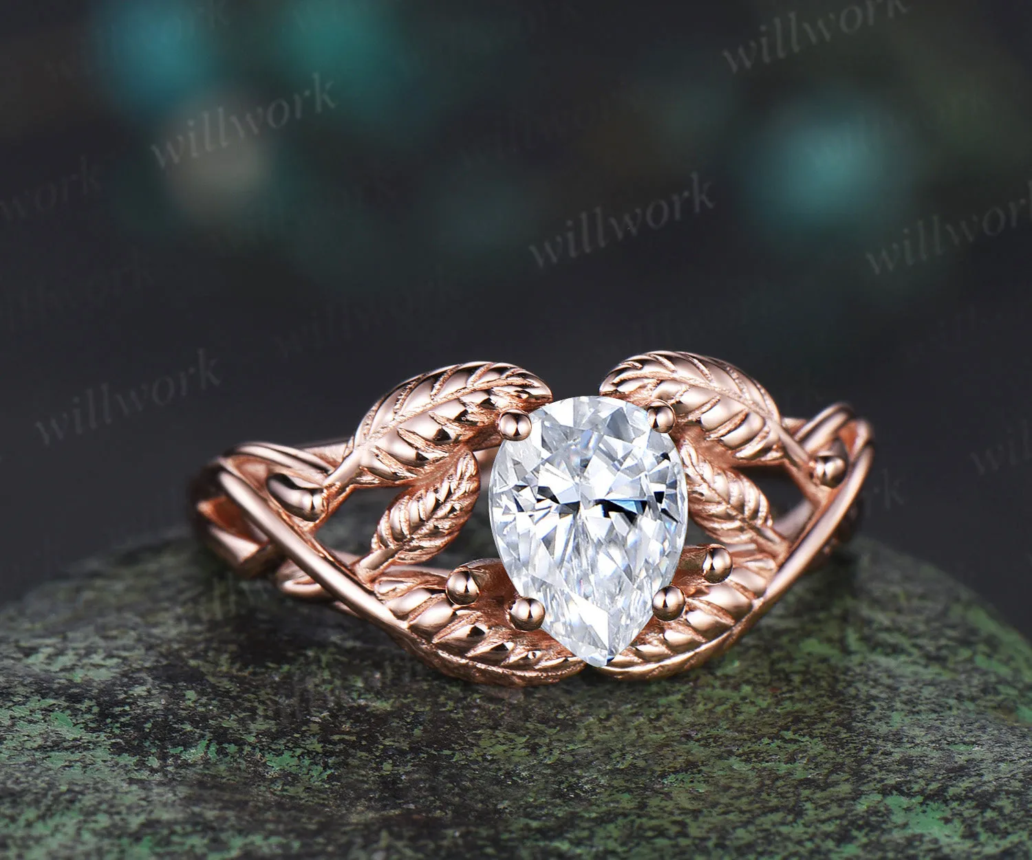 Pear cut moissanite wedding ring rose gold branch leaf Solitaire infinity engagement ring women Teardrop anniversary gift sold by Willwork Jewelry product image thumbnail 3