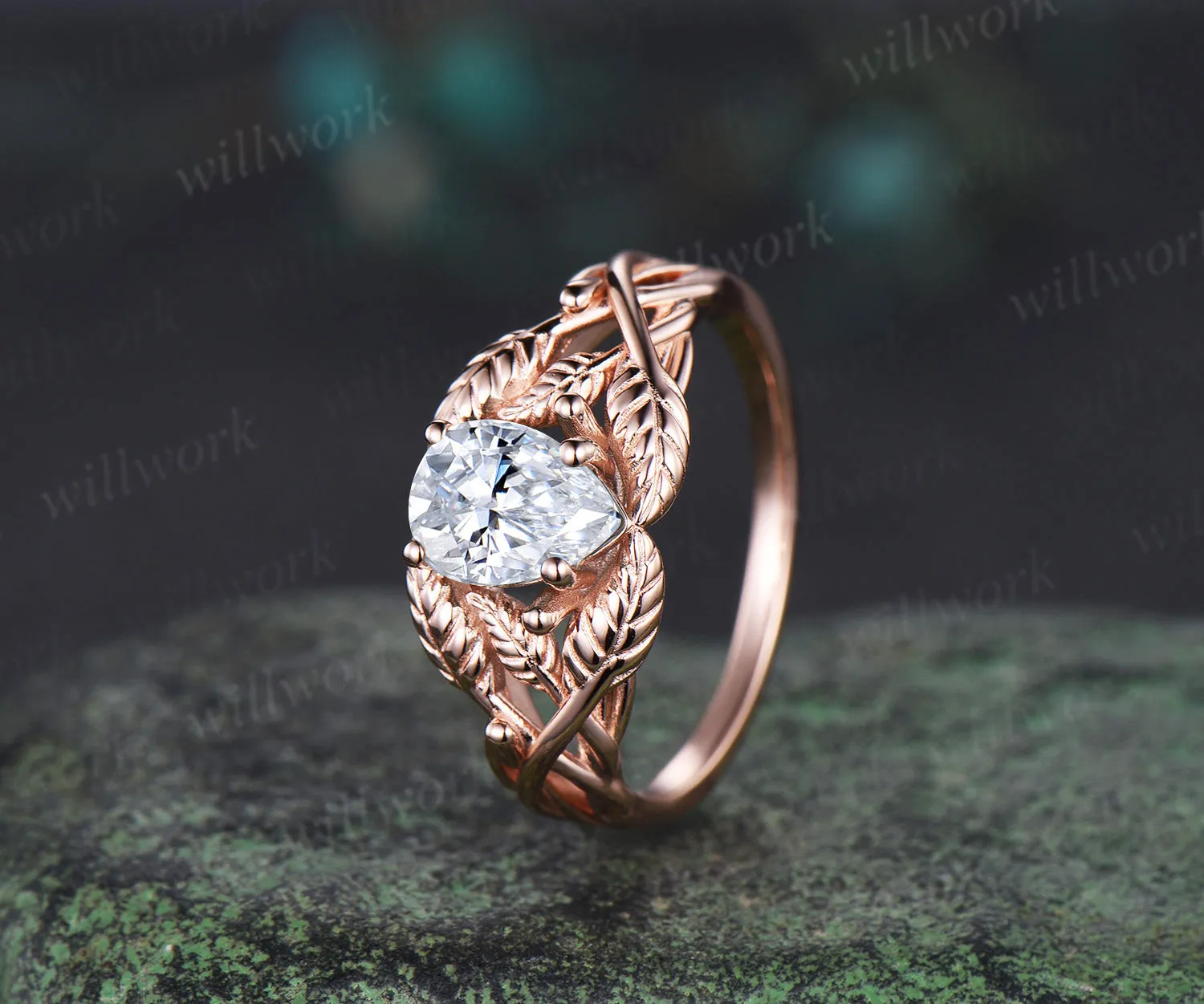 Pear cut moissanite wedding ring rose gold branch leaf Solitaire infinity engagement ring women Teardrop anniversary gift sold by Willwork Jewelry product image thumbnail 2