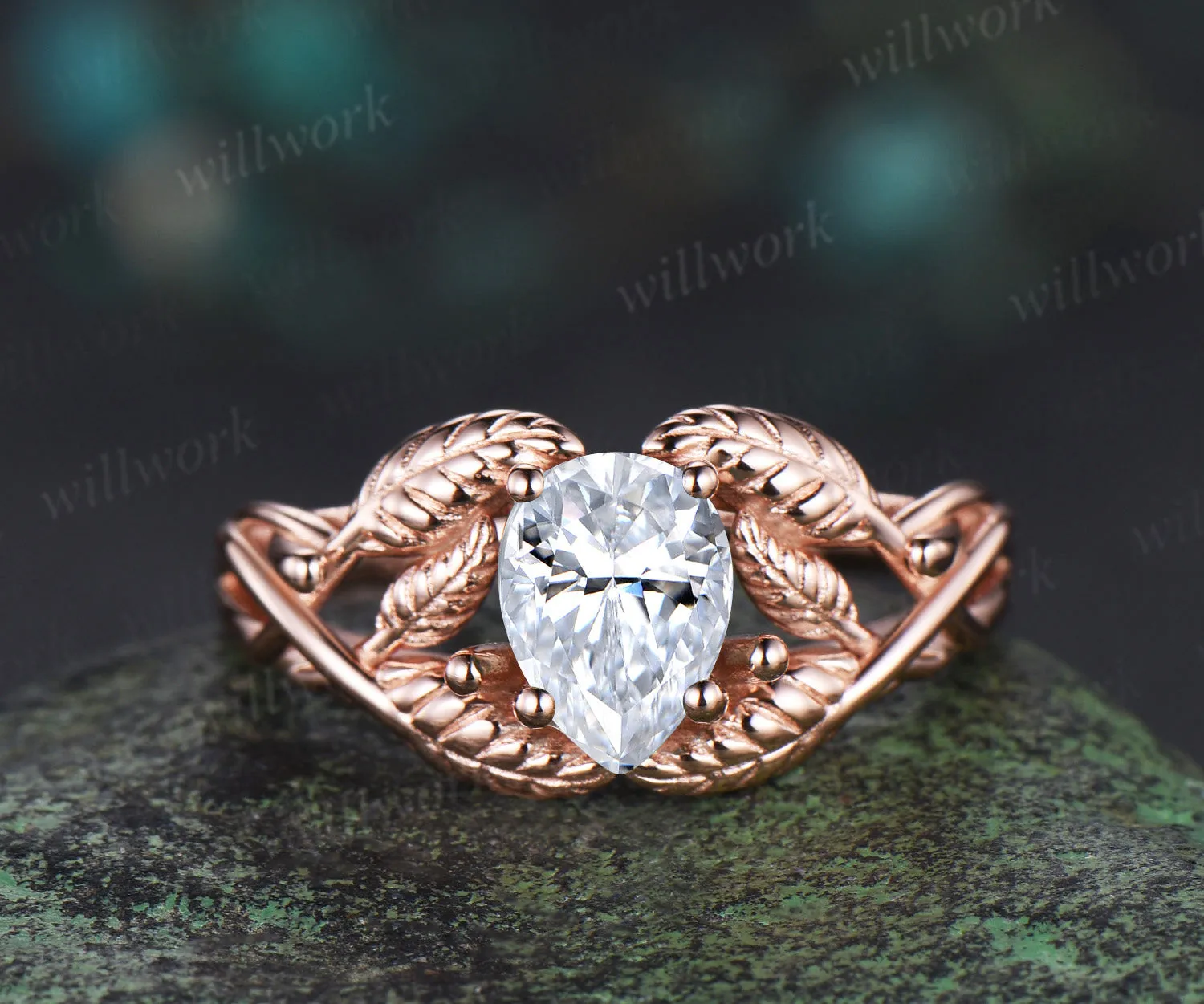 Pear cut moissanite wedding ring rose gold branch leaf Solitaire infinity engagement ring women Teardrop anniversary gift sold by Willwork Jewelry