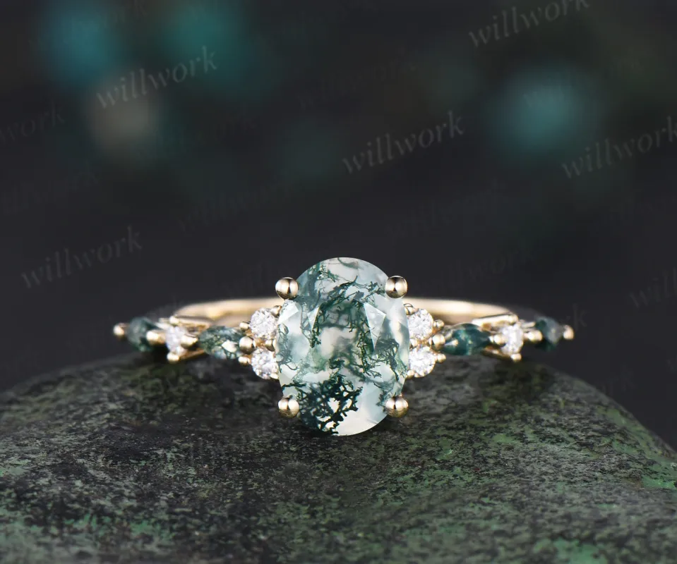Oval Natural Moss Agate Half Eternity Engagement Ring Set Antique 14K yellow Gold Aquatic Agate Ring Women Moissanite Wedding Ring women sold by Willwork Jewelry
