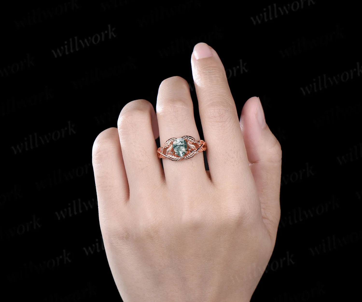 Pear cut moss agate wedding ring rose gold branch leaf Solitaire infinity engagement ring women Teardrop anniversary gift sold by Willwork Jewelry product image thumbnail 3