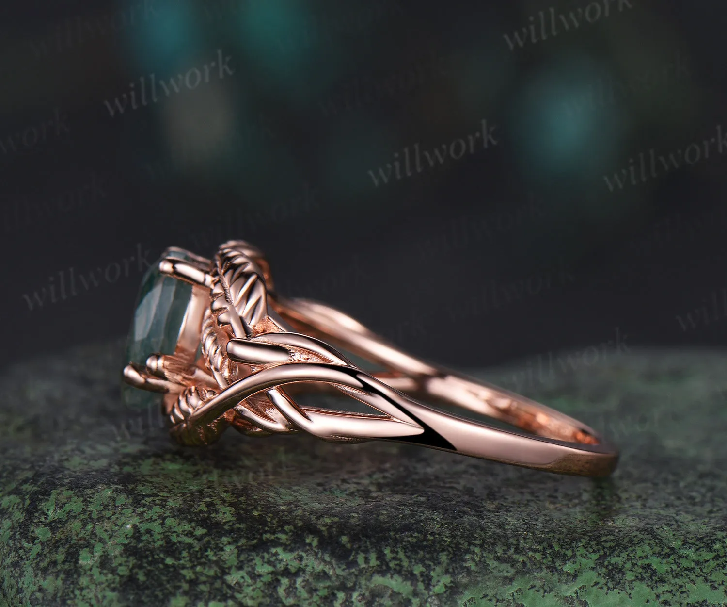 Pear cut moss agate wedding ring rose gold branch leaf Solitaire infinity engagement ring women Teardrop anniversary gift sold by Willwork Jewelry product image thumbnail 5