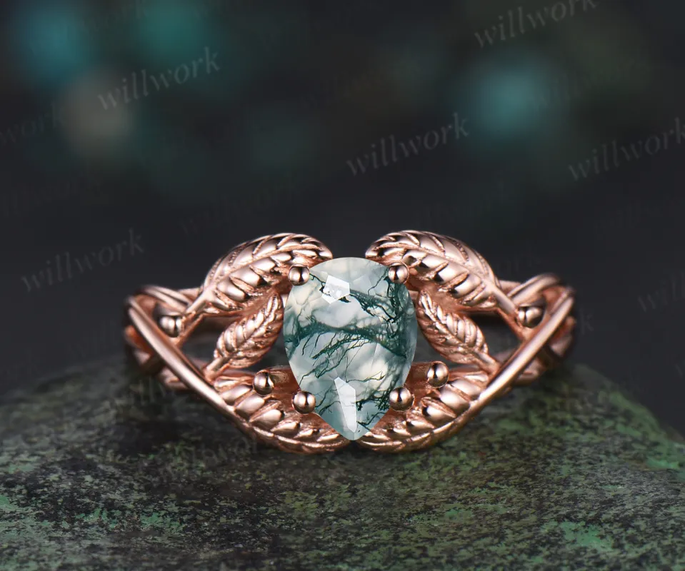 Pear cut moss agate wedding ring rose gold branch leaf Solitaire infinity engagement ring women Teardrop anniversary gift sold by Willwork Jewelry