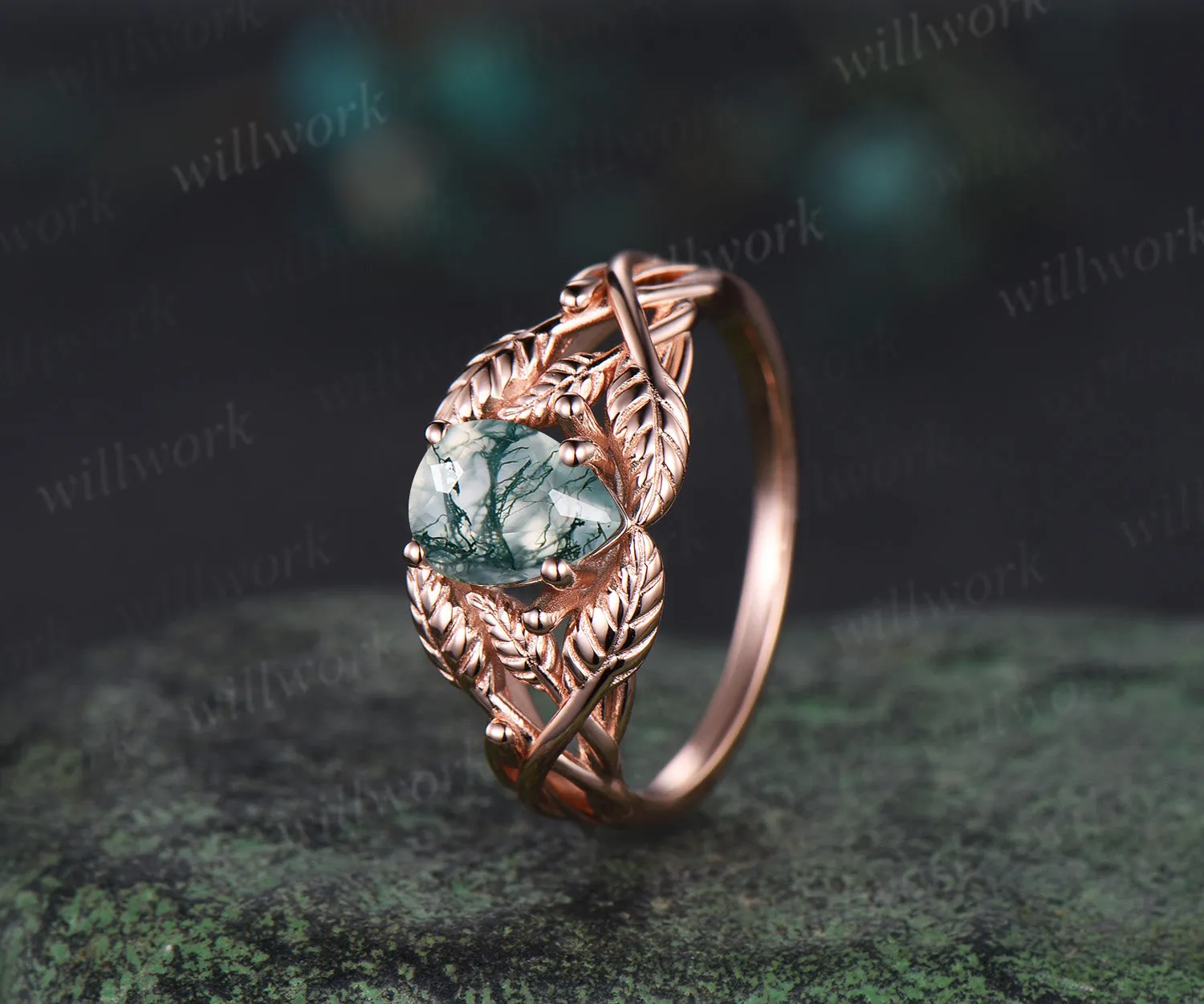 Pear cut moss agate wedding ring rose gold branch leaf Solitaire infinity engagement ring women Teardrop anniversary gift sold by Willwork Jewelry product image thumbnail 2