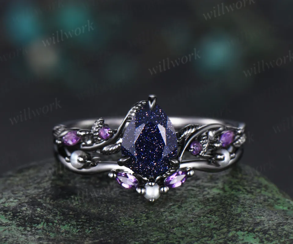 Nature Inspired Pear Galaxy Blue Sandstone pearl Bridal Set 14k black gold Unique Twig Vine Teardrop Blue Stone Engagement Ring Ring Set women sold by Willwork Jewelry