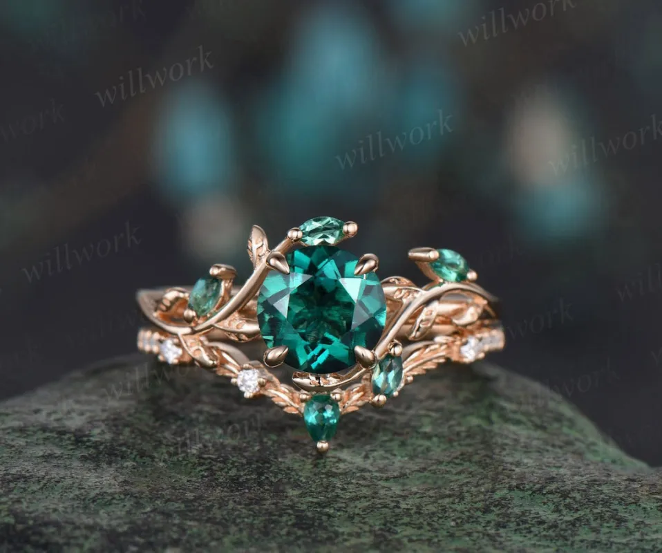 READY TO SHIP: 2PC Round Green Emerald Engagement Ring Set - Silver Rose Plated - Ring Size:5 US made by Willwork Jewelry