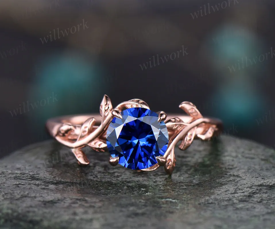 READY TO SHIP: Round Sapphire Engagement Ring - Silver Rose Plated - Ring Size:9 US sold by Willwork Jewelry