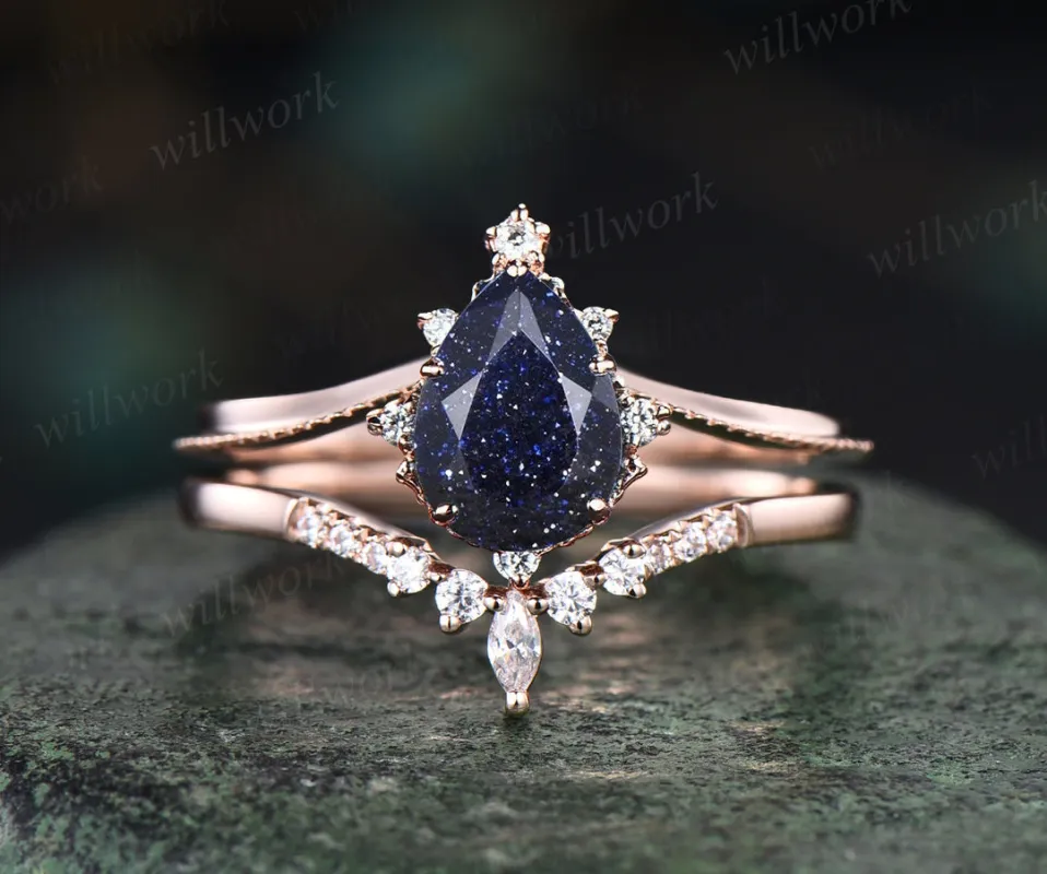 READY TO SHIP: Pear Blue Sandstone Engagement Ring - Silver Rose Plated - Ring Size:9 US made by Willwork Jewelry