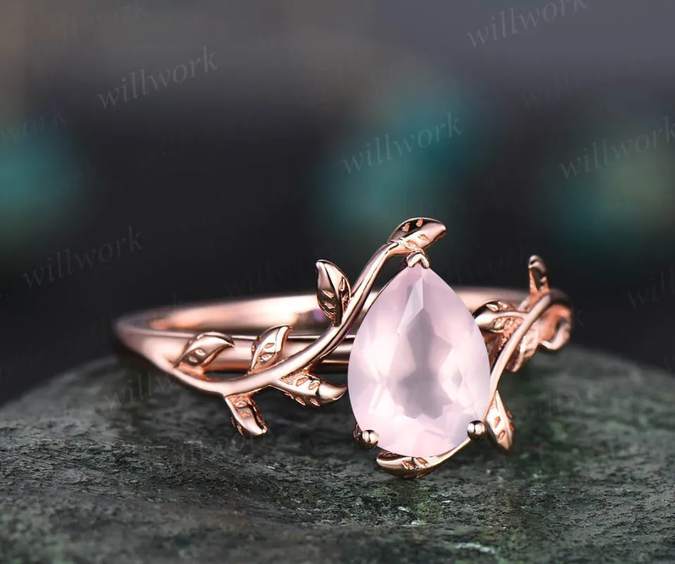 READY TO SHIP: Pear Rose Quartz Engagement Ring - Silver Rose Plated - Ring Size: 7.5 US sold by Willwork Jewelry