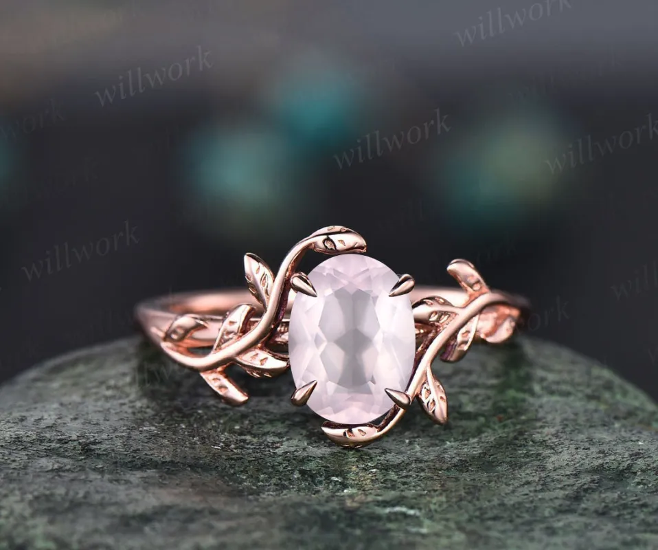 READY TO SHIP: Oval Rose Quartz Engagement Ring - Silver Rose Plated - Ring Size: 6 US sold by Willwork Jewelry