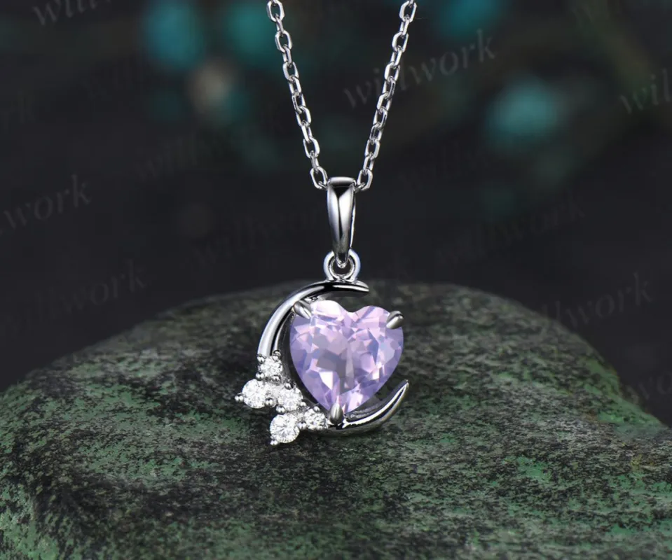 Vintage heart shaped Lavender Amethyst necklace white gold cluster moon snowdrift diamond pendant women February birthstone anniversary gift made by Willwork Jewelry